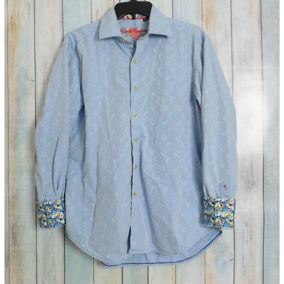 Robert Graham Men Shirt Medium Blue Paisley Contrasting Cuffs Striped - Picture 1 of 14